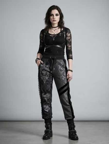 Gothic joggers on a model: dark, dramatic, lace, velvet, Victorian-inspired