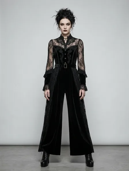 Gothic jumpsuit on a model: dark, dramatic, lace, velvet, Victorian-inspired