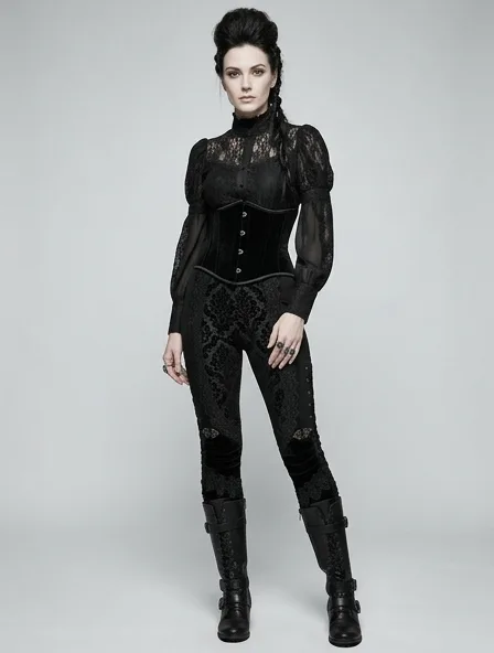 Gothic leggings on a model: dark, dramatic, lace, velvet, Victorian-inspired