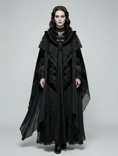 Gothic poncho on a model: dark, dramatic, lace, velvet, Victorian-inspired