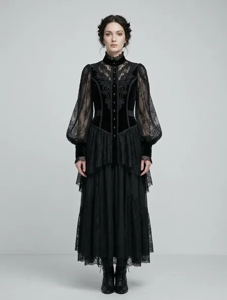 Gothic shirt on a model: dark, dramatic, lace, velvet, Victorian-inspired