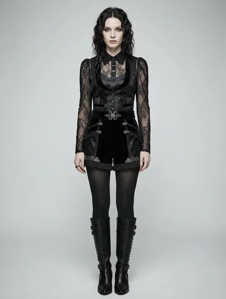 Gothic shorts on a model: dark, dramatic, lace, velvet, Victorian-inspired