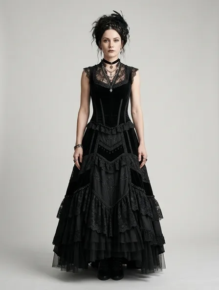 Gothic skirt on a model: dark, dramatic, lace, velvet, Victorian-inspired