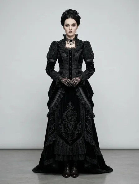 Gothic suit on a model: dark, dramatic, lace, velvet, Victorian-inspired