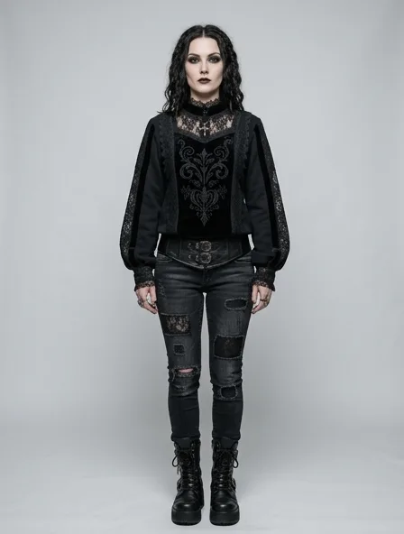 Gothic sweatshirt on a model: dark, dramatic, lace, velvet, Victorian-inspired