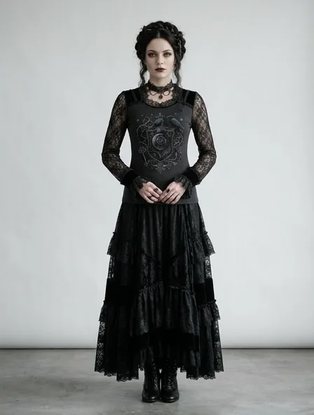 Gothic t-shirt on a model: dark, dramatic, lace, velvet, Victorian-inspired