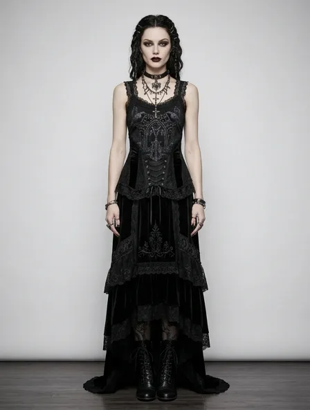 Gothic tank top on a model: dark, dramatic, lace, velvet, Victorian-inspired