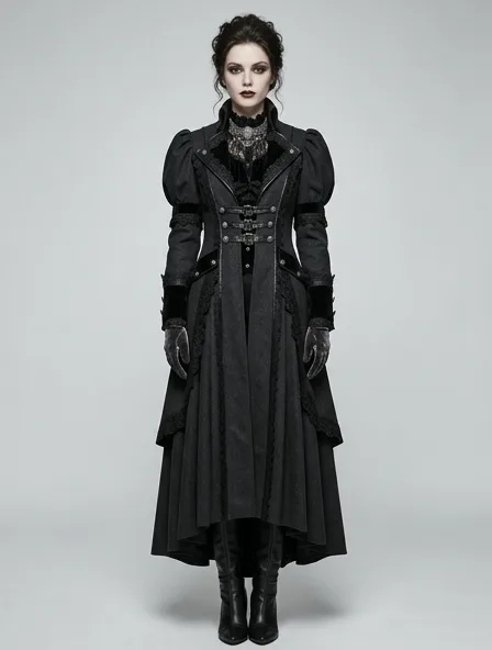 Gothic trench coat on a model: dark, dramatic, lace, velvet, Victorian-inspired
