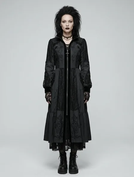 Gothic windbreaker on a model: dark, dramatic, lace, velvet, Victorian-inspired