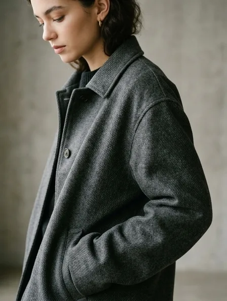 Jacket fabric close-up showing drape and texture
