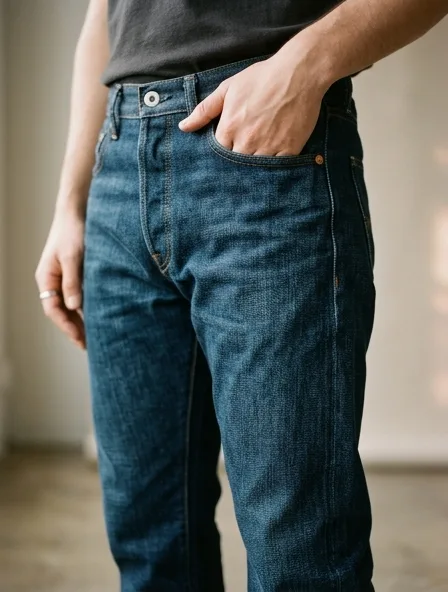 Jeans fabric close-up showing drape and texture