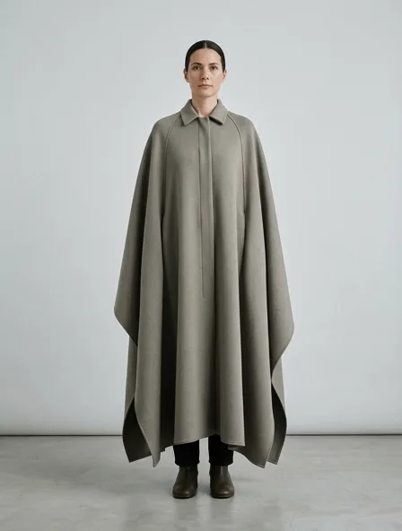Cape in double knit jersey, on a model in a studio