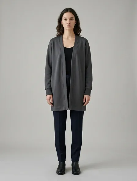 Cardigan in interlock jersey, on a model in a studio