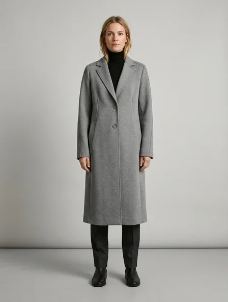 Coat in double knit jersey, on a model in a studio