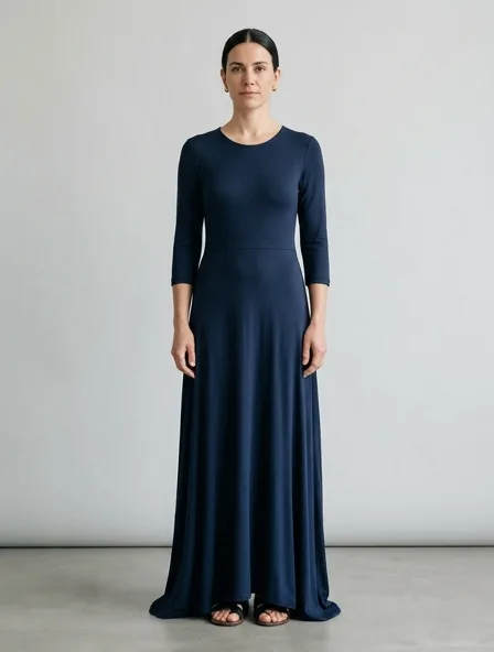 Dress in viscose jersey, on a model in a studio
