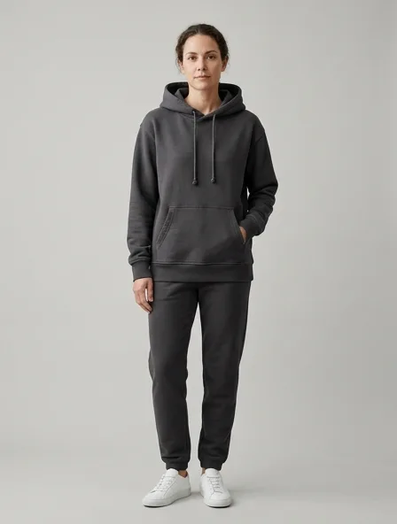 Hoodie in French terry, on a model in a studio