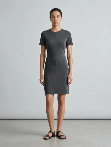 Mini dress in viscose jersey, on a model in a studio
