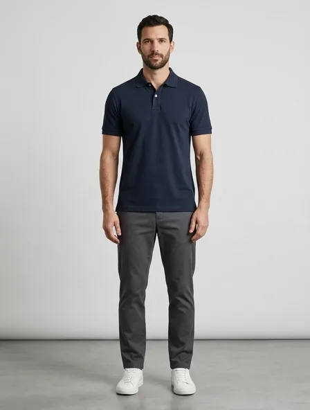 Polo shirt in single jersey, on a model in a studio