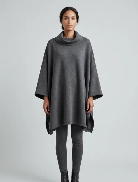 Poncho in double knit jersey, on a model in a studio