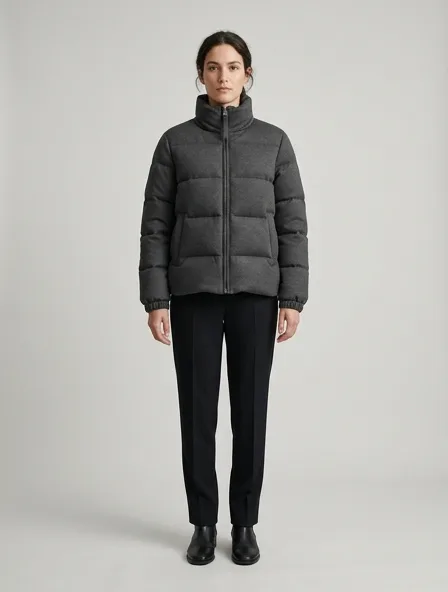 Puffer jacket in ponte di Roma, on a model in a studio