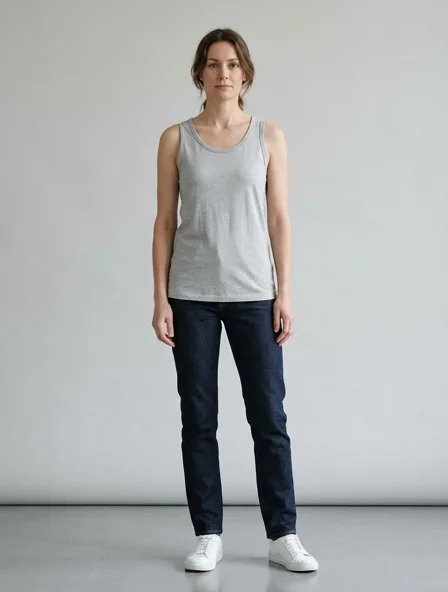 Tank top in single jersey, on a model in a studio