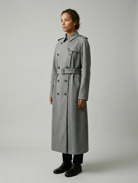 Trench coat in double knit jersey, on a model in a studio