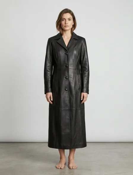 Coat in lamb nappa leather, on a model in a studio