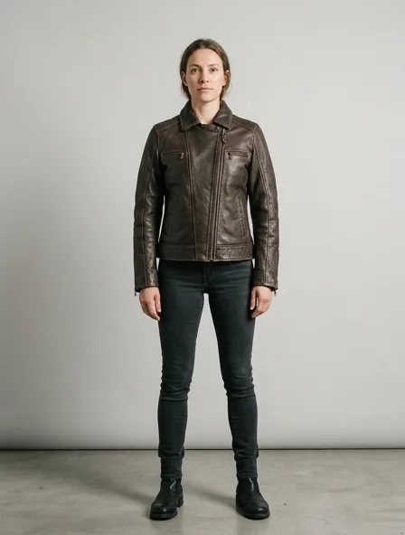 Jacket in cowhide leather, on a model in a studio