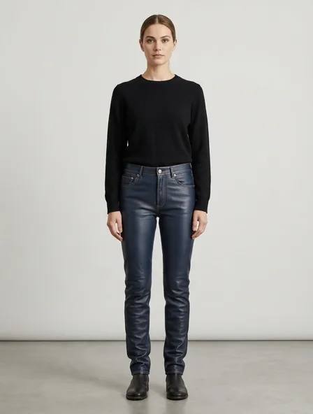 Jeans in lamb nappa leather, on a model in a studio