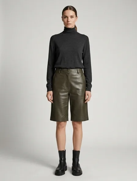 Shorts in lamb nappa leather, on a model in a studio