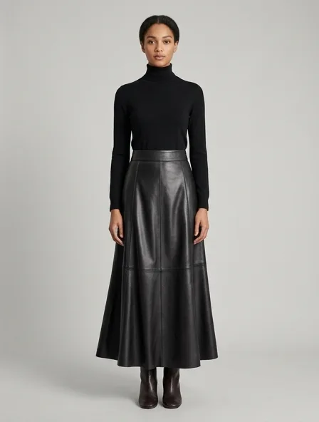 Skirt in lamb nappa leather, on a model in a studio