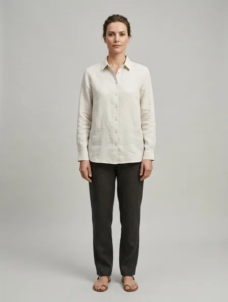Blouse in shirting linen, on a model in a studio