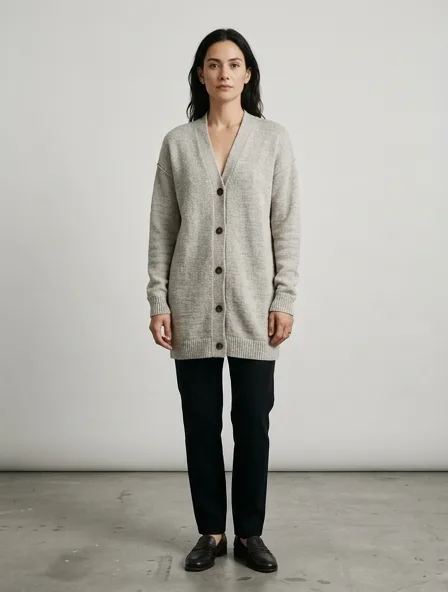 Cardigan in linen knit, on a model in a studio
