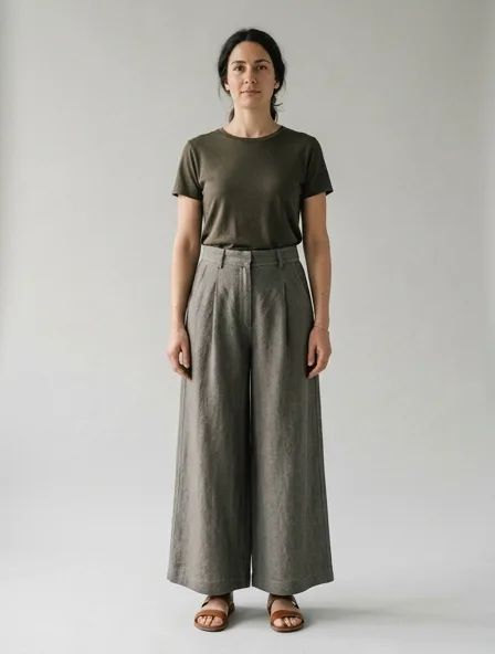 Culottes in midweight linen, on a model in a studio