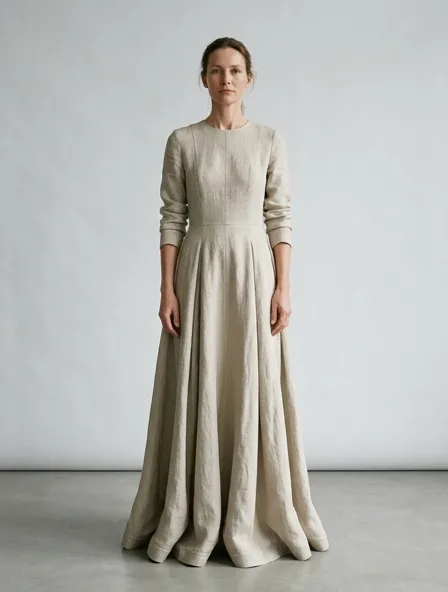 Gown in midweight linen, on a model in a studio