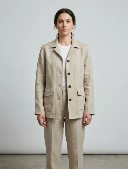 Jacket in heavyweight linen, on a model in a studio