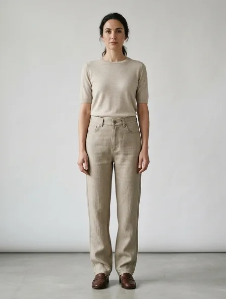 Jeans in midweight linen, on a model in a studio