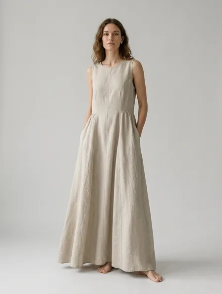 Maxi dress in midweight linen, on a model in a studio