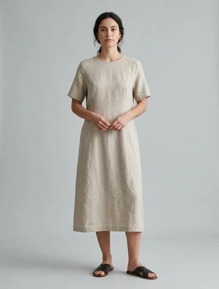 Midi dress in midweight linen, on a model in a studio