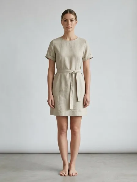 Mini dress in midweight linen, on a model in a studio