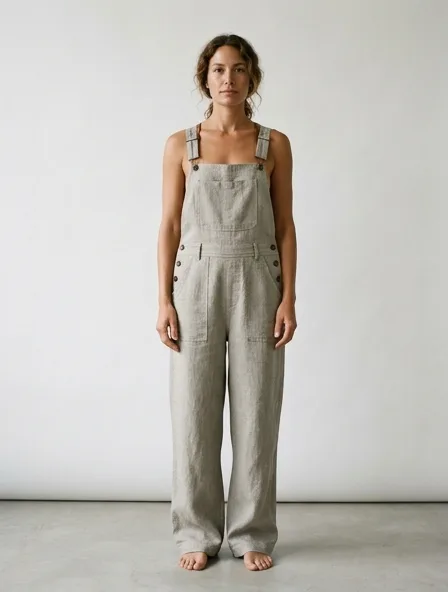 Overalls in midweight linen, on a model in a studio
