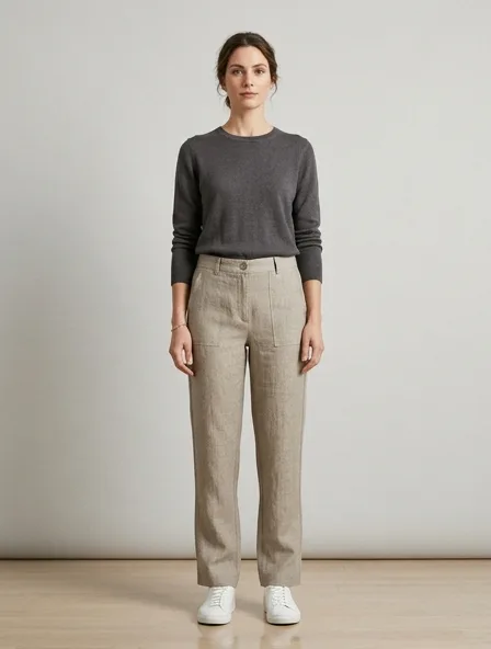 Pants in midweight linen, on a model in a studio