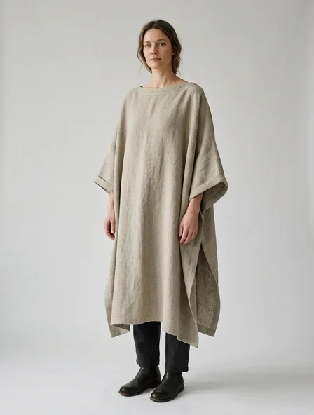 Poncho in heavyweight linen, on a model in a studio