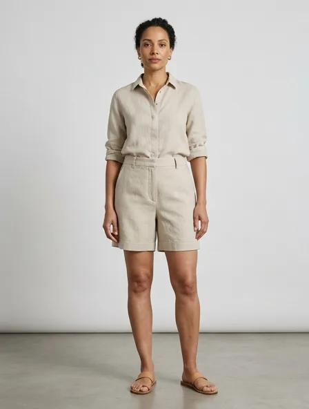 Shorts in midweight linen, on a model in a studio