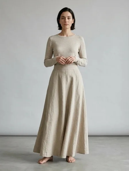 Skirt in midweight linen, on a model in a studio
