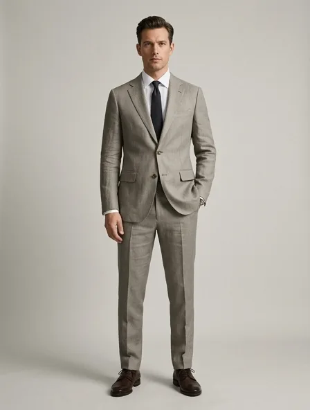 Suit in suiting linen, on a model in a studio