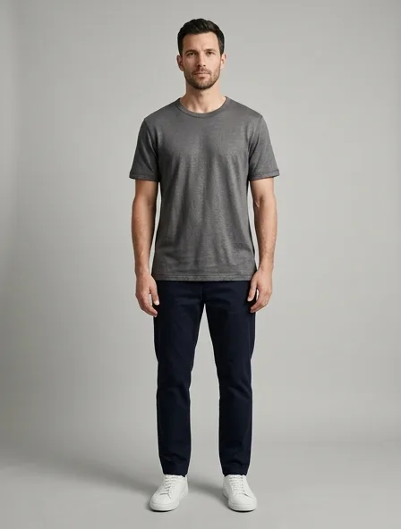 T-shirt in linen jersey, on a model in a studio