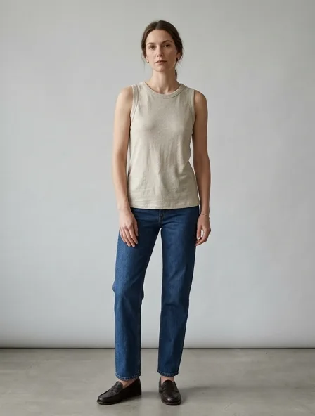Tank top in linen jersey, on a model in a studio