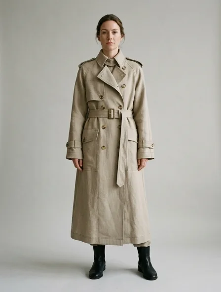 Trench coat in heavyweight linen, on a model in a studio