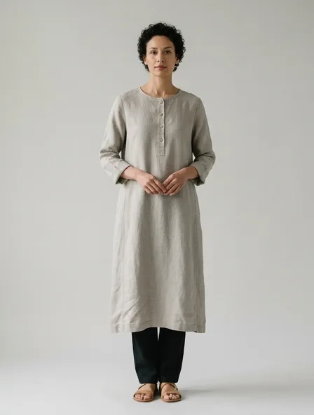Tunic in shirting linen, on a model in a studio